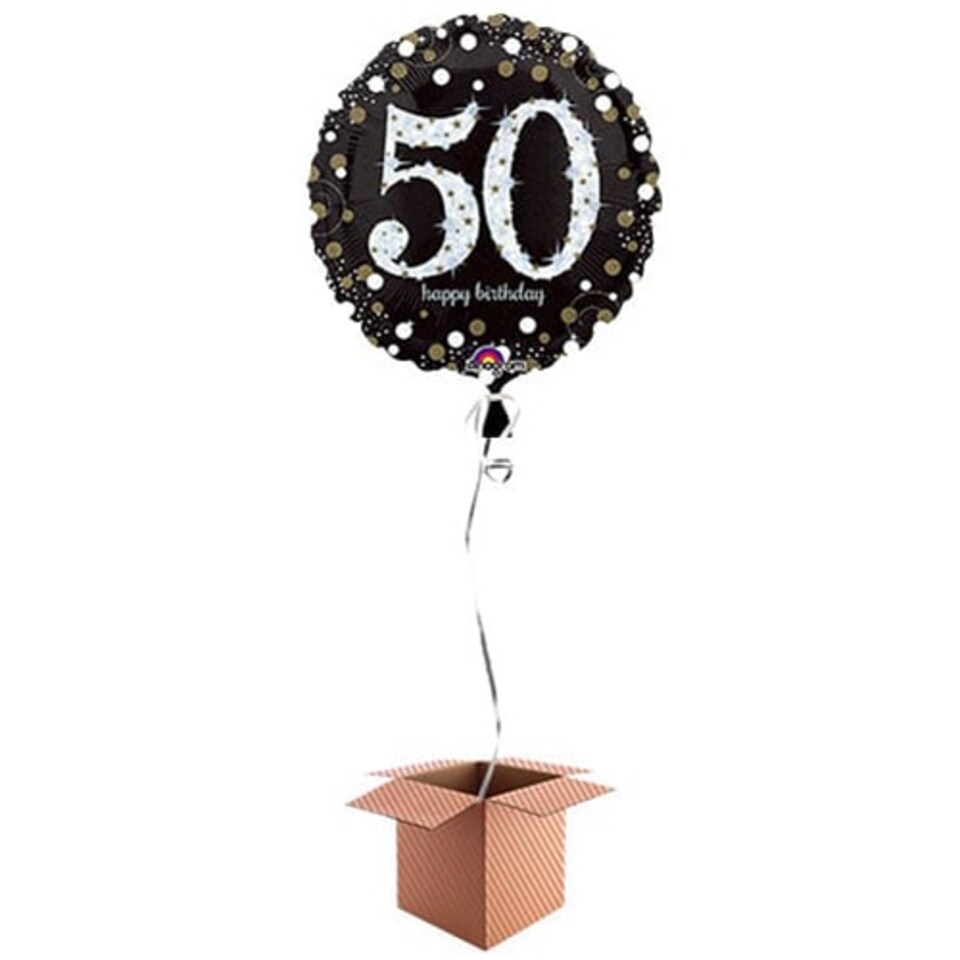 image 1 of Gold Sparkling 50th Birthday Round Foil Balloon - Inflated Balloon in a Box