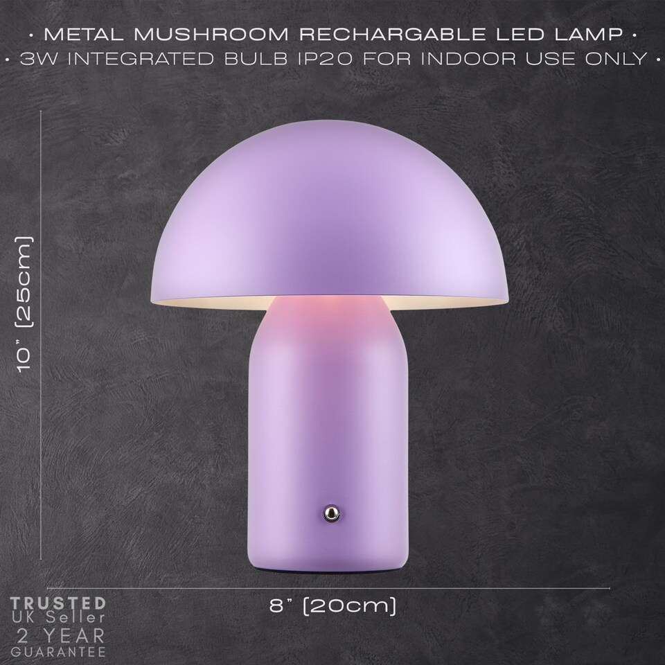 image 1 of Modern Rechargeable Mushroom Table Lamp in Mat Lilac with Touch Dimmer Button | Purple