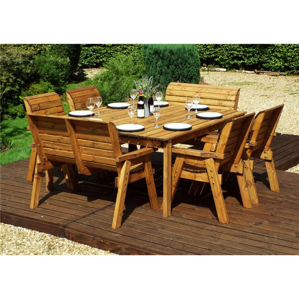 image 1 of Traditional Eight Seater Table Set with 2 x Bench Cushion, 4 x Chair Cushion, 1 x Green Parasol & Base & 1 x Cushion Storage Bag