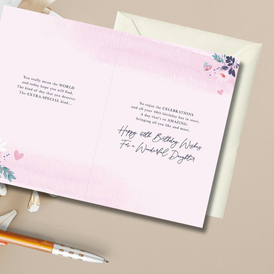 Words 'n' Wishes 40th Birthday Card for Daughter, Purple and Rose Gold Floral Design