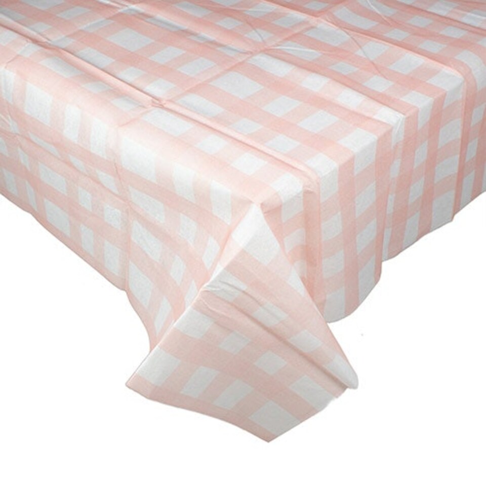Pastel Pink Gingham Linen Feel Reusable Plastic Tablecover 1.8m x 1.2m