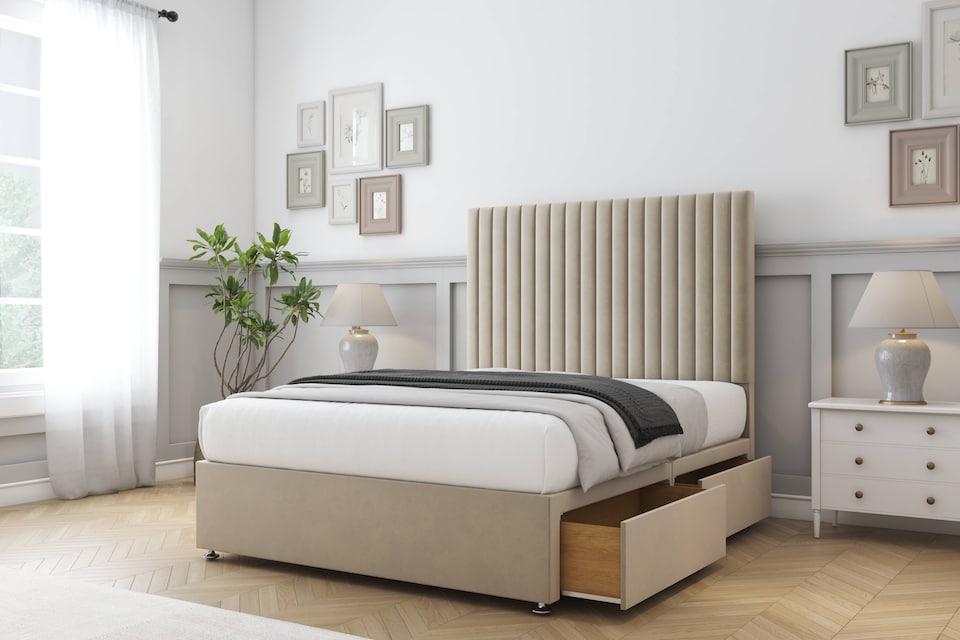image 1 of Sloomy Manhattan Almond Coniston Divan Bed Base 2 Drawers Foot-End With 54 Inch Floor Standing Headboard | Cream | Almond | Super King | 1