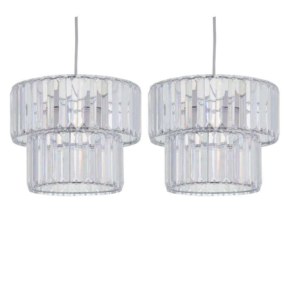 image 1 of Set of 2 Clint - Clear Acrylic Two Tier Easy Fit Pendant Shades | Clear | Clear acrylic with polished chrome plate detail | 2