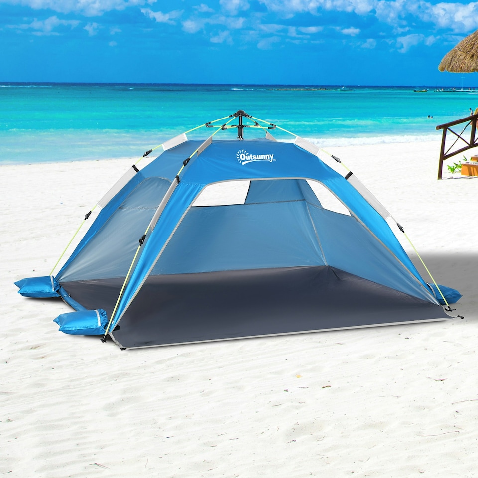 image 1 of Outsunny 2 Man Pop-up Beach Tent Sun Shade Shelter Hut w/ Windows Door Blue