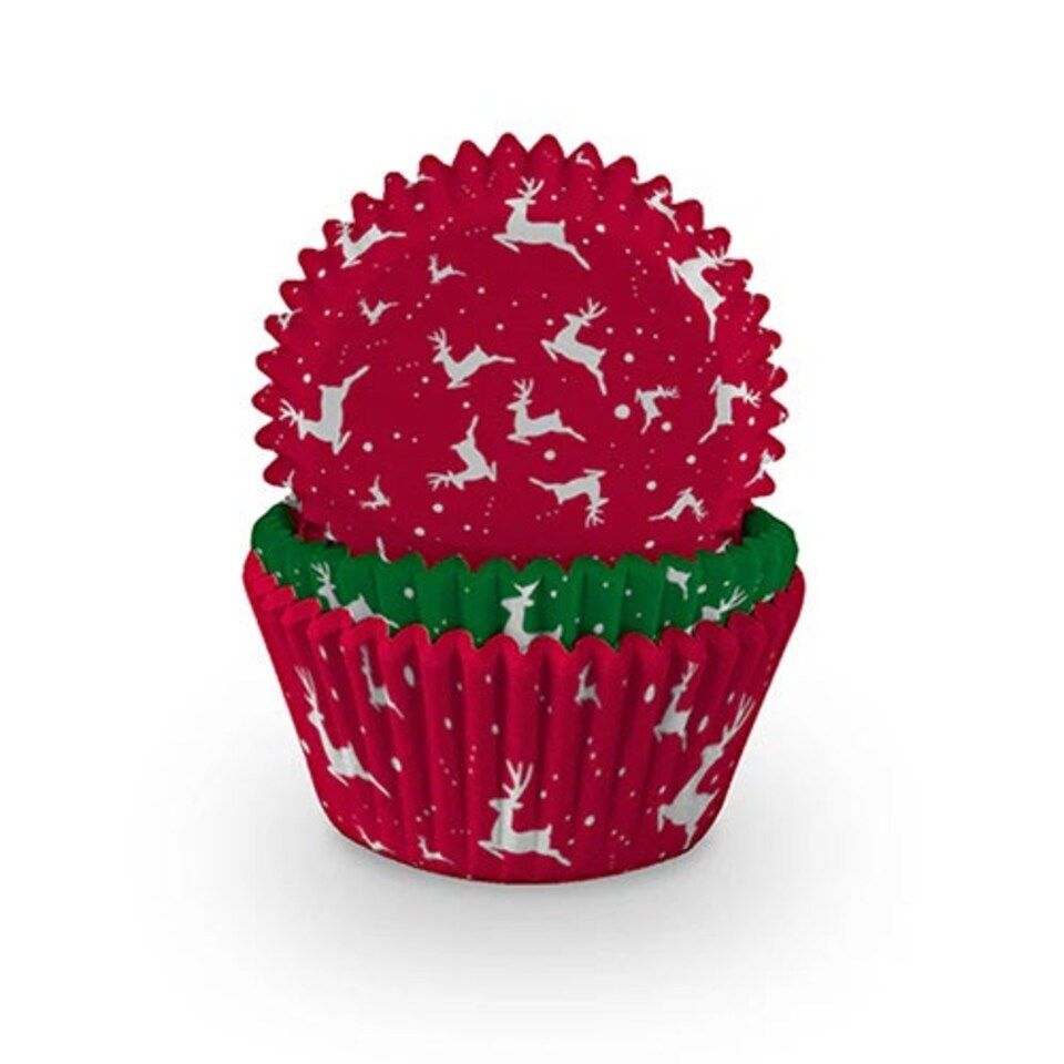image 1 of Green & Red Reindeer Christmas Paper Cupcake Cases - Pack of 75