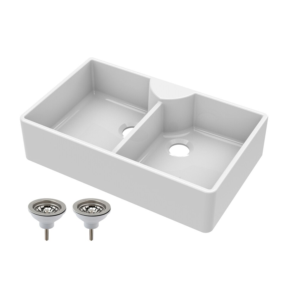 image 1 of 795mm - Double Bowl Fireclay Butler Kitchen Sink - Stepped Weir, Tap Ledge  & Wastes
