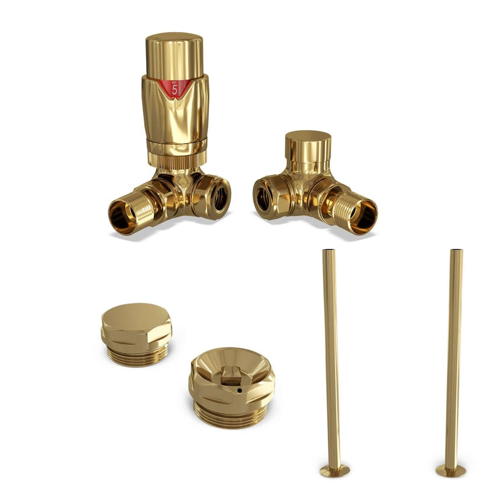 image 1 of Stirling Bold - Polished Brass Thermostatic Radiator Valve & Installation Kit Corner 15mm