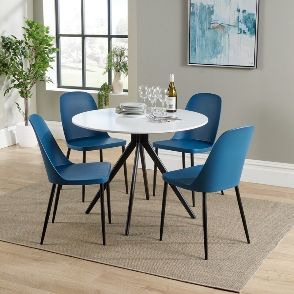 image 1 of Aspen Round Dining Table and 4 Duo Plastic Seat Chairs with Metal Legs - Blue/Black/White - Flat Packed Blue