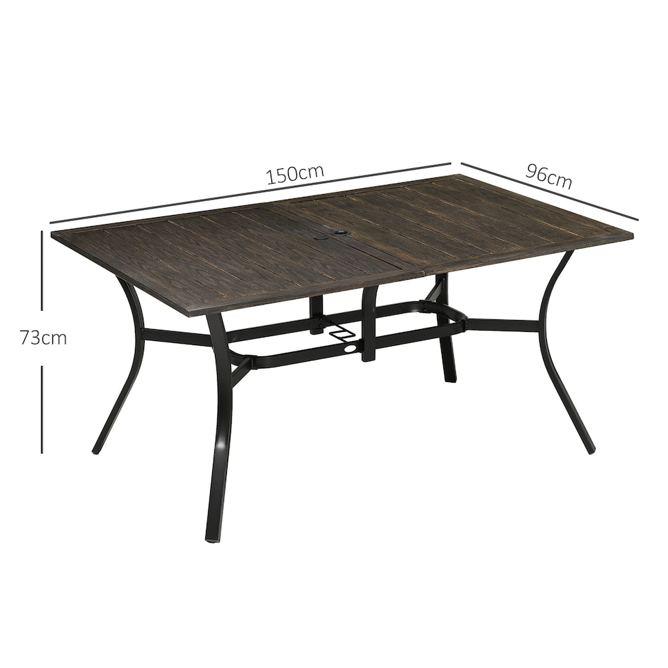 image 1 of Outsunny Garden Table with Parasol Hole, Outdoor Garden Dining Table with Wood Grain Tabletop and Steel Frame for Patio, Deck, Balcony, Brown, 150 x 96 x 73cm