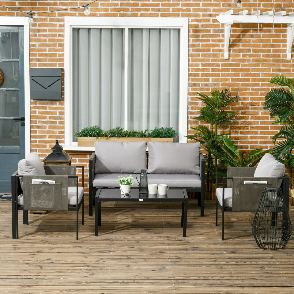 image 1 of Outsunny 4 Piece Garden Sofa Set w/ Tempered Glass Coffee Table