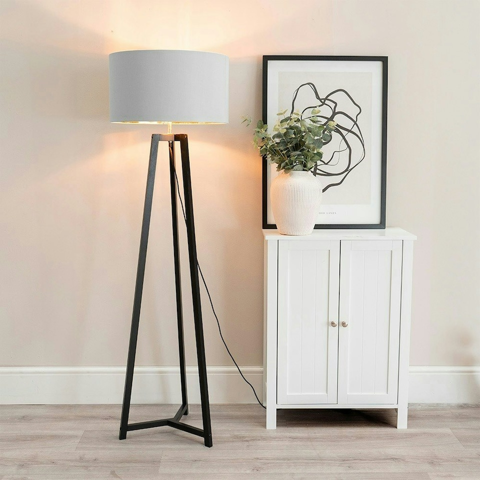 image 1 of ValueLights Lottie Black Wood Tripod Floor Lamp with Grey and Gold Drum Shade | Grey