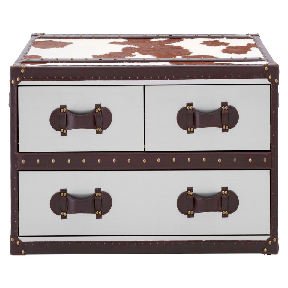 image 1 of Interiors By Premier Brown And White Genuine Cowhide Coffee Table,Rectangular Table With 3 Aluminium Plated Drawers,Center Table Brown