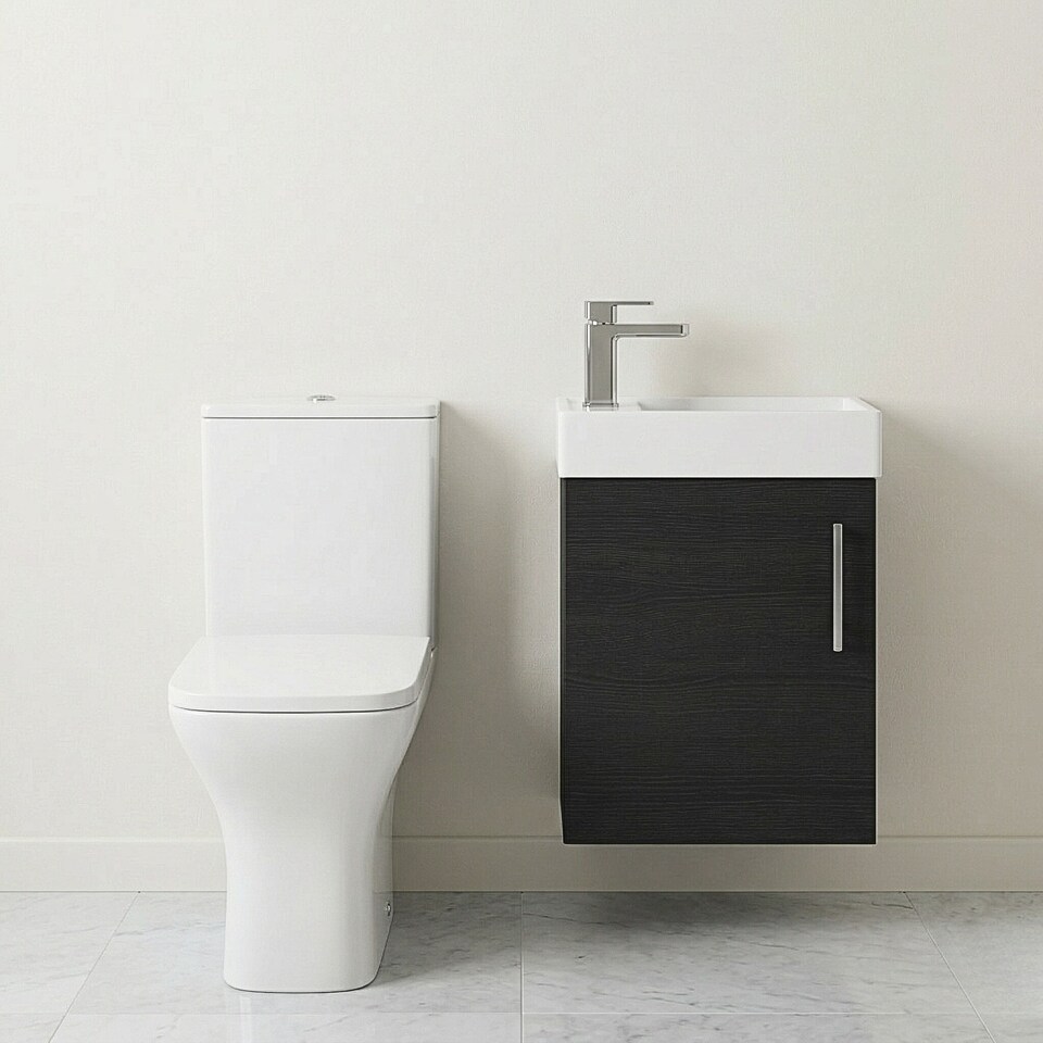image 1 of Balterley Saint Cloakroom Set - Wall Hung Vanity Basin Unit, Toilet Pan, Cistern, Seat & Mini Basin Tap - Balterley | Grey | Black Woodgrain | 520.0000 x 405.0000 x 222.0000mm