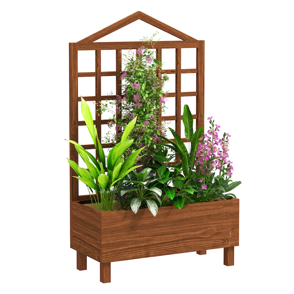 image 1 of Outsunny Wooden Garden Planters with Trellis for Vine Climbing Plants Brown | Brown | Brown