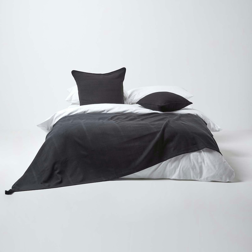 image 1 of Homescapes Cotton Rajput Ribbed Black Throw - 255 x 360 cm | Black