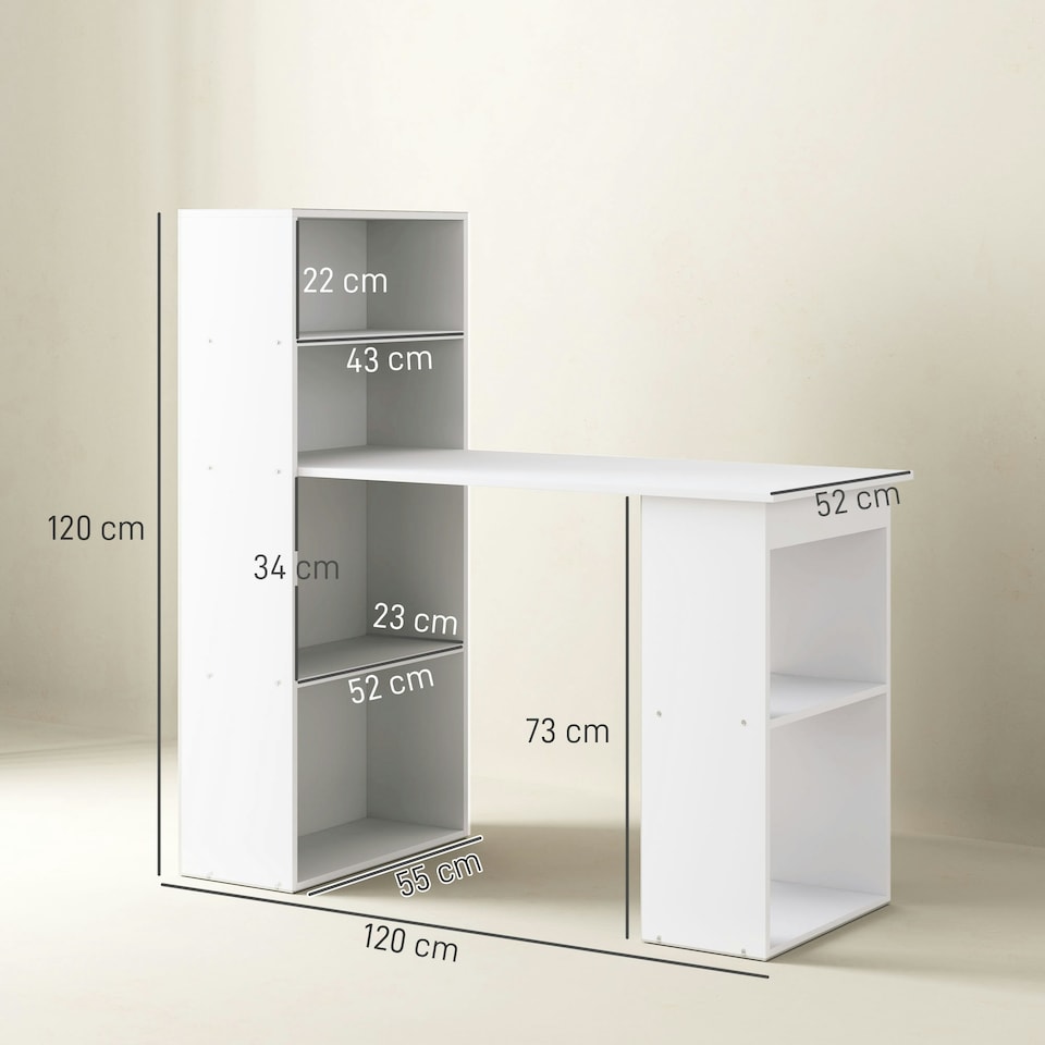 image 1 of HOMCOM 120cm Computer Desk Bookshelf Writing Table 6 Shelves White