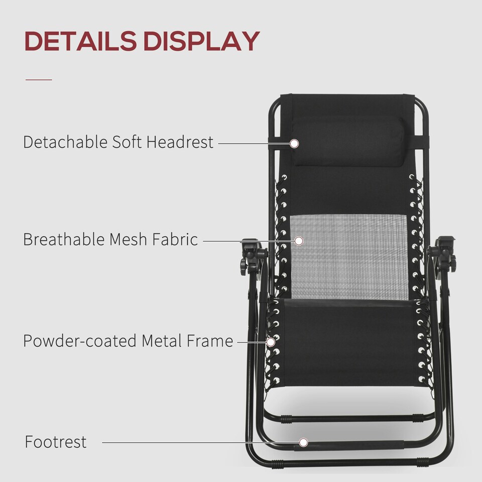 image 1 of Outsunny Foldable Garden Recliner Chair Set of 2 w/ Footstool & Headrest, Black