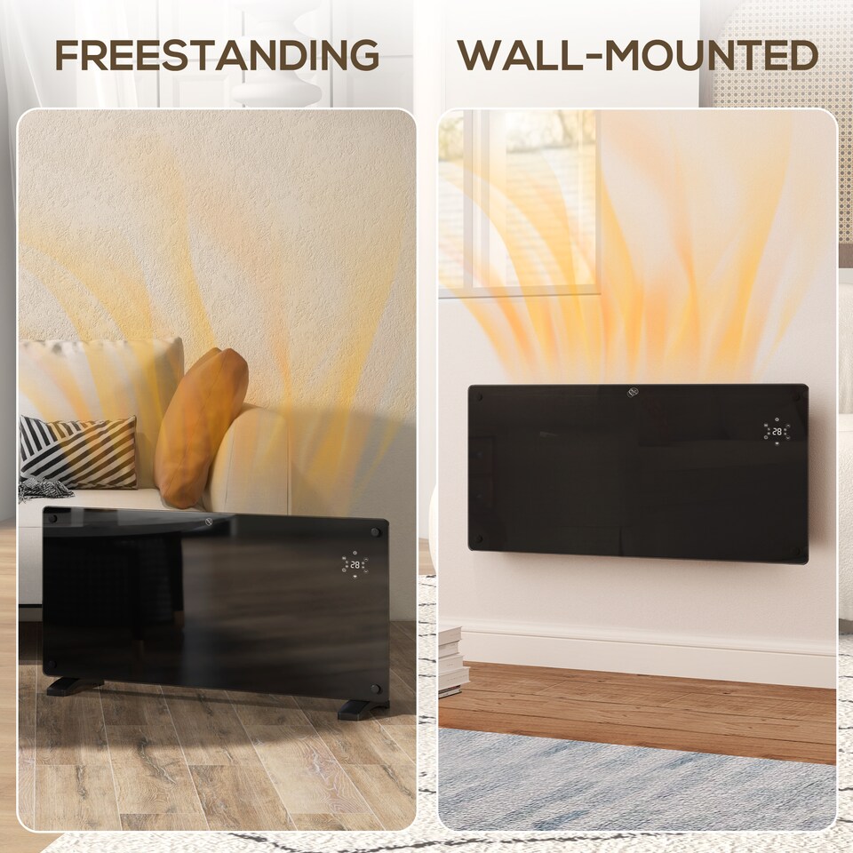 image 1 of HOMCOM Electric Heater Wifi Smart App, 2000W Glass Panel Heater Radiator, Freestanding or Wall Mounted Convector Space Heater with LED Display, 24Hr 7 Day Timer, Adjustable Thermostat, Remote Control