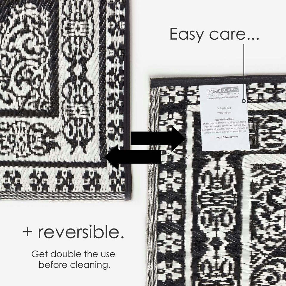 image 1 of Homescapes Outdoor Rug Luxury Waterproof Reversible, For Garden, Motif | Black | Black and White
