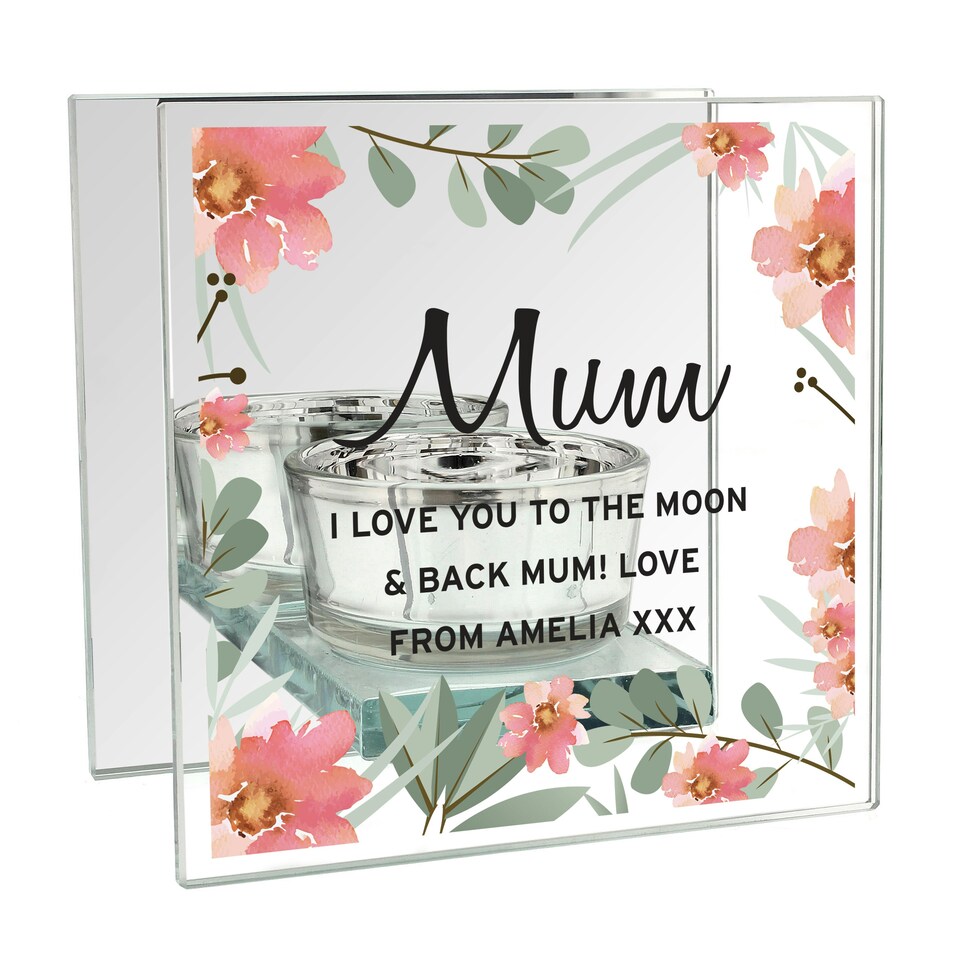 image 1 of Personalised Floral Sentimental Mirrored Glass Tea Light Candle Holder Clear