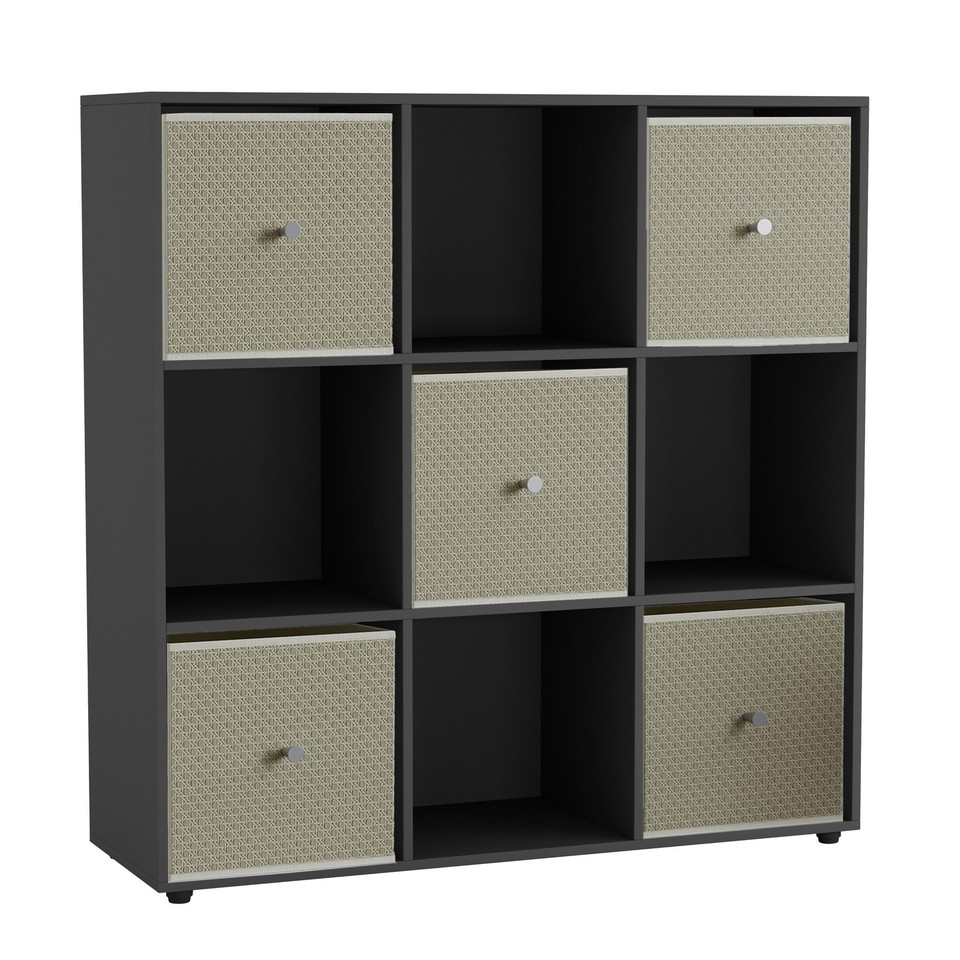 9 Cube Wooden Bookcase Shelving Unit with 5 Collapsible Fabric Drawers Multi Black & Beige 1
