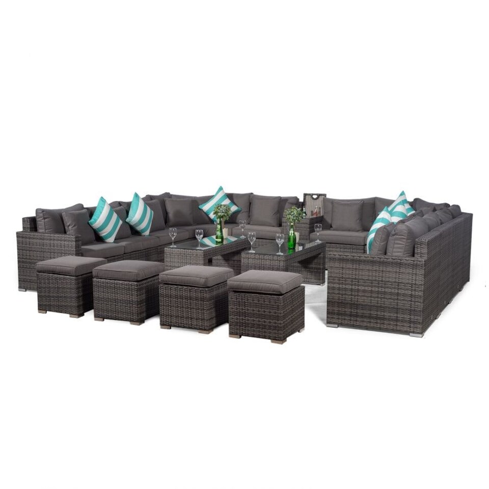 image 1 of Santorini U Shape Modular 10 Seat Rattan Sofa Set With Armrest Drinks Cooler, 2 Coffee Tables & 4 Stools Grey | Grey