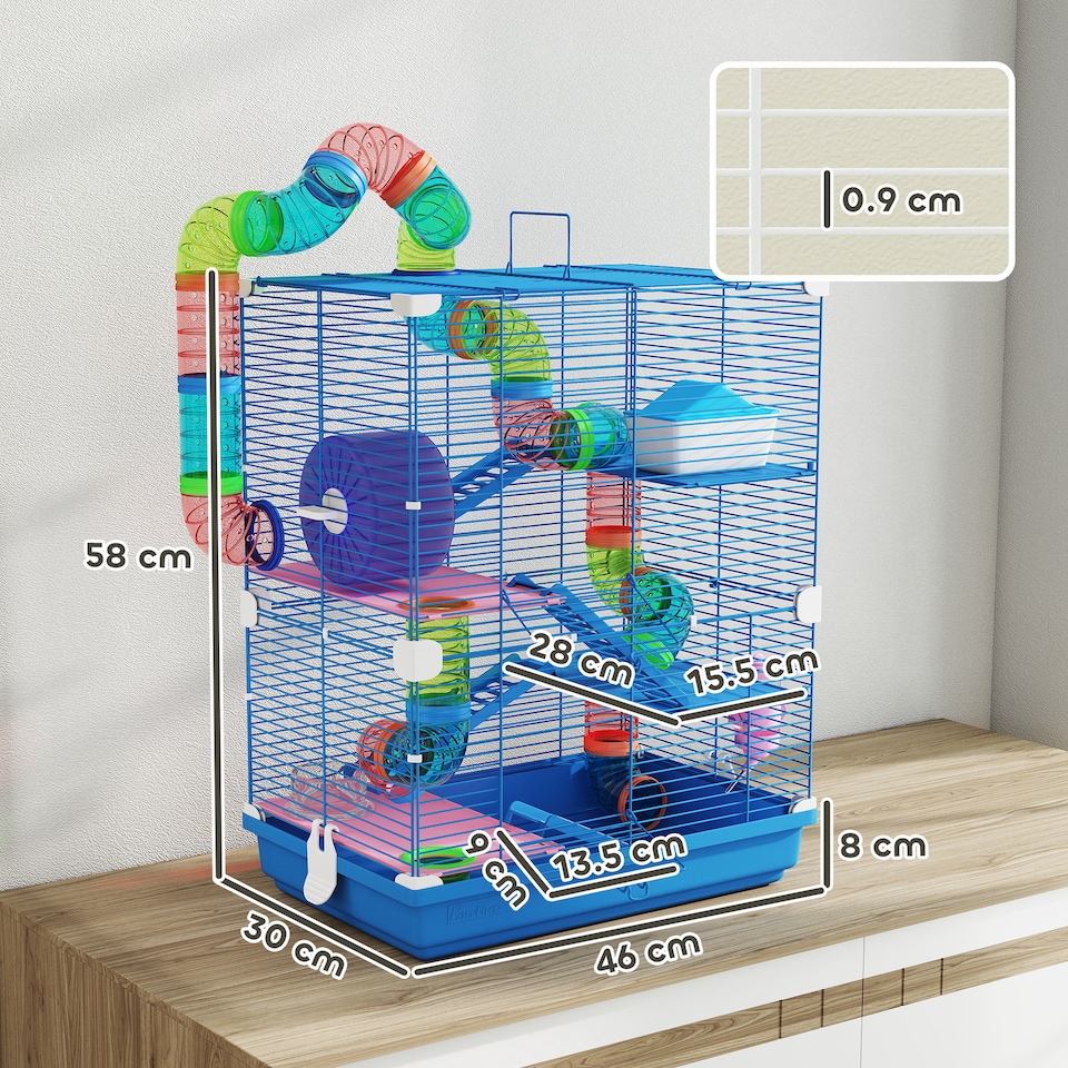 image 1 of Pawhut 5 Tier Hamster Cage, Gerbil Cage with Tube Exercise Wheels, Tunnel, Water Bottle, Dishes, Blue, 58H x 46L x 30Wcm