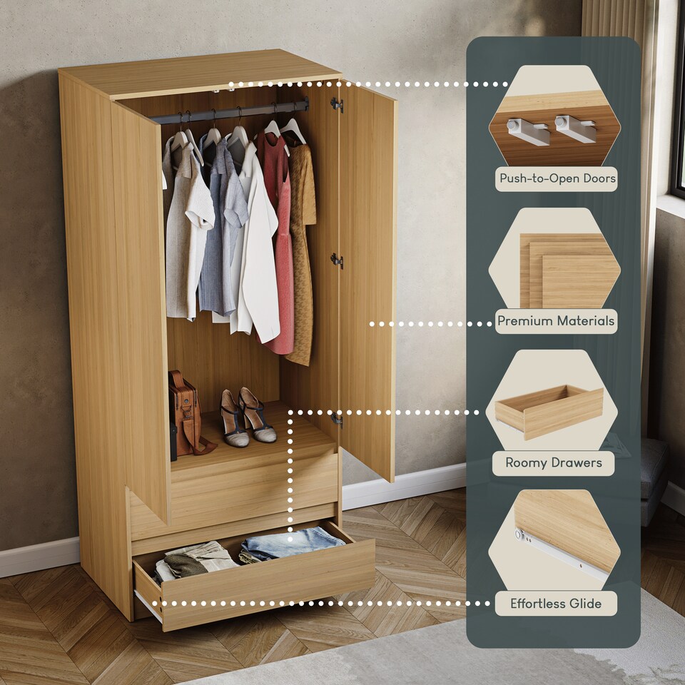 image 1 of Vida Designs Denver 2 Door 2 Drawer Wardrobe With Shelf & Clothes Rail, Pine