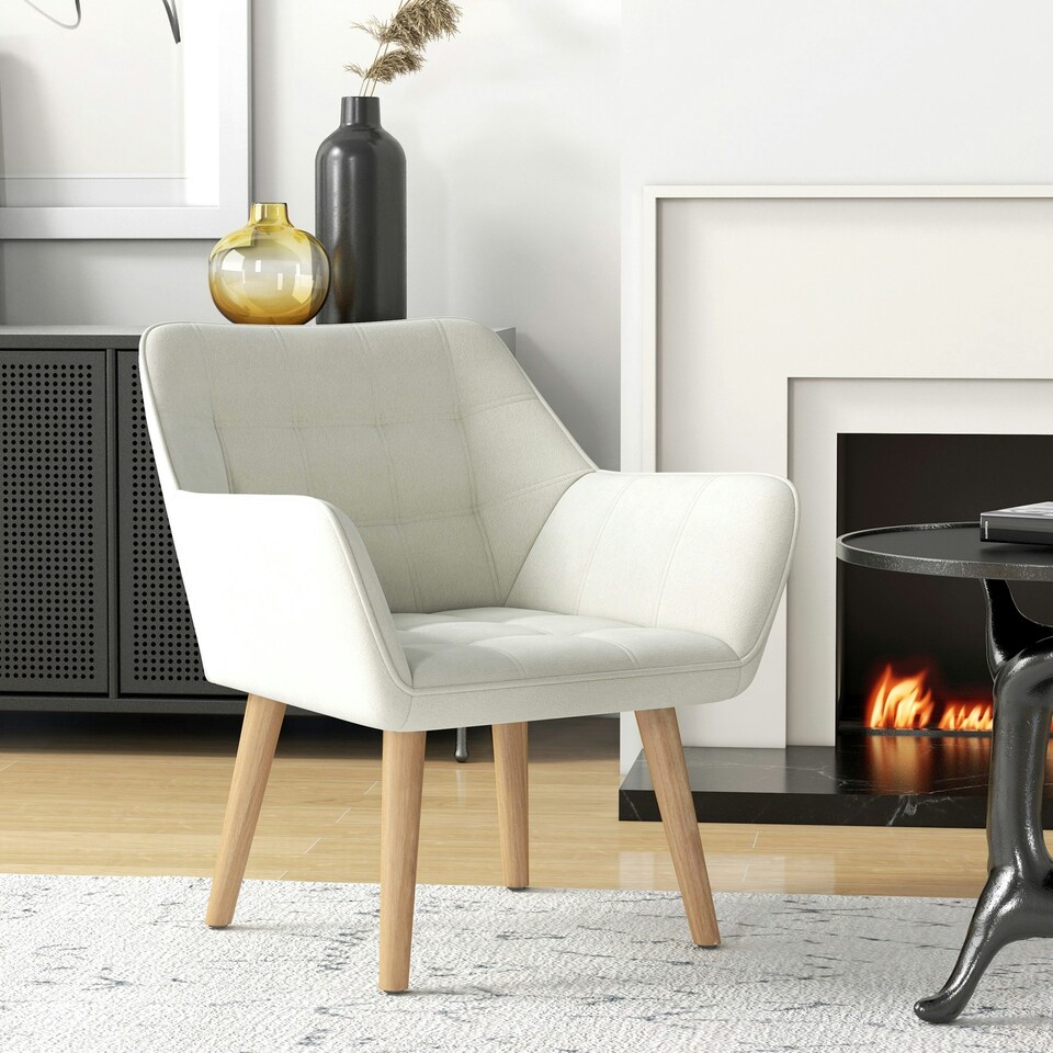 image 1 of HOMCOM Velvet-Feel Accent Chair with Arms Slanted Back Wood Legs Cream