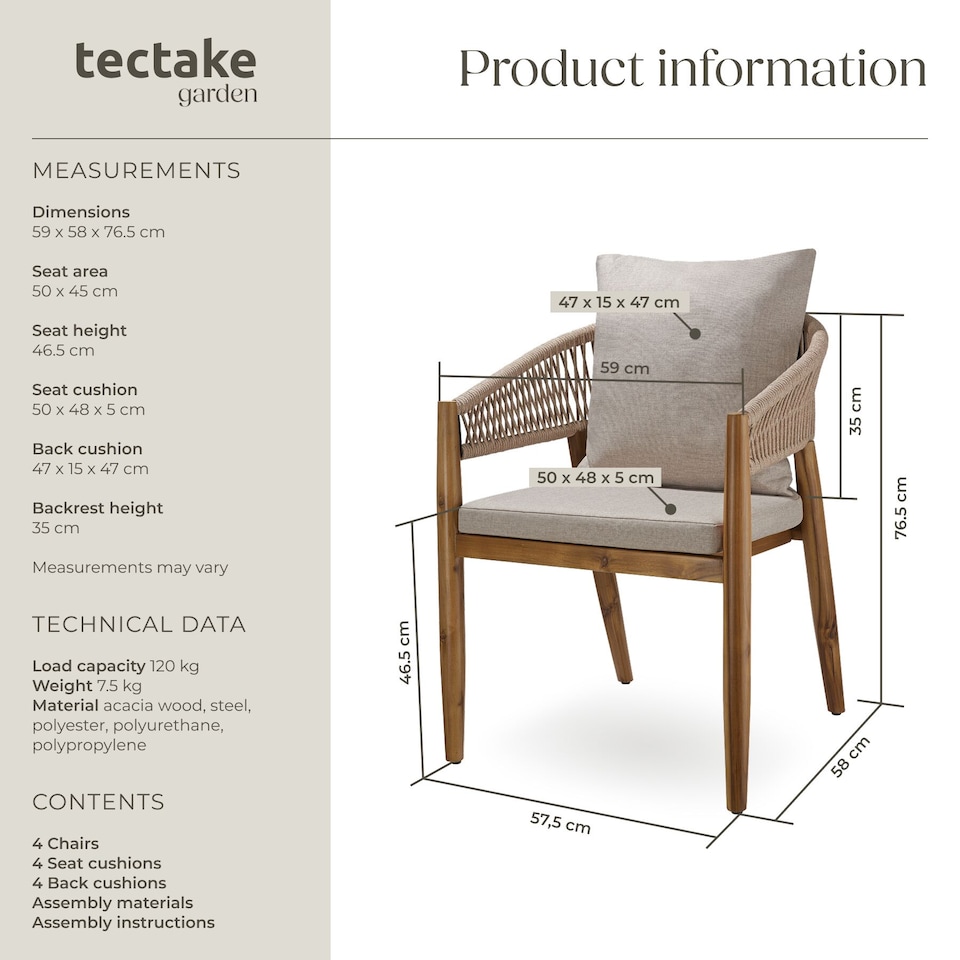 image 1 of Garden Chair Manacor in a Corded Design with Acacia Wood Frame and Matching Cushions | Cream | sand | One Size | 4