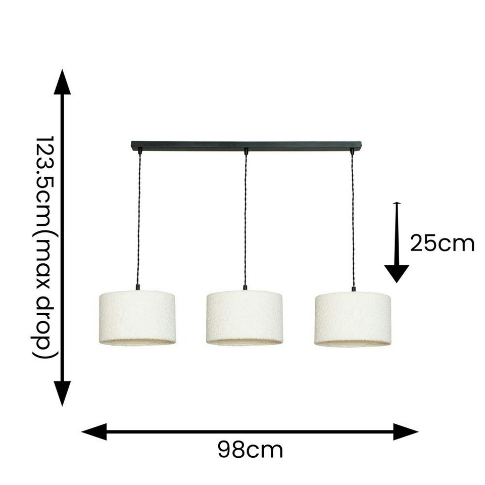 image 1 of ValueLights Reni Cream Boucle Drum Shade 3 Drop Bar Black Diner Ceiling Light with LED Bulbs Black