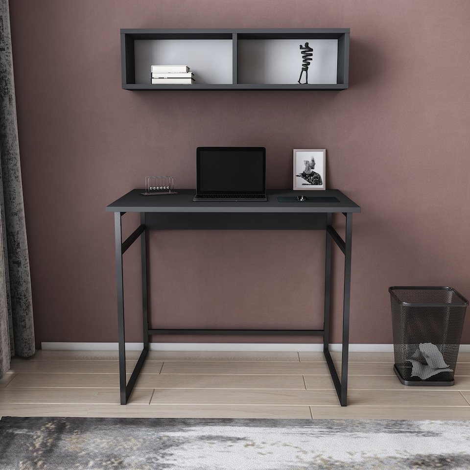 Decorotika Hussum Metal Frame Computer Desk with Wall Shelf - 90 cm W x 75 cm H x 60 cm D