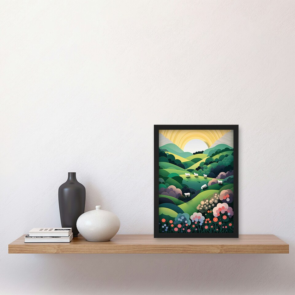 image 1 of Valley Modern Digital Aesthetic Sunrise Black Framed Wall Art Print A4