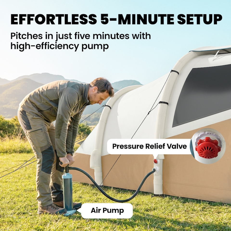 image 1 of Outsunny Inflatable Camping Tent w/ Air Pump, 2-3 Person Blow Up Tent | Brown | Khaki, Beige | 480 x 280 x 195 cm