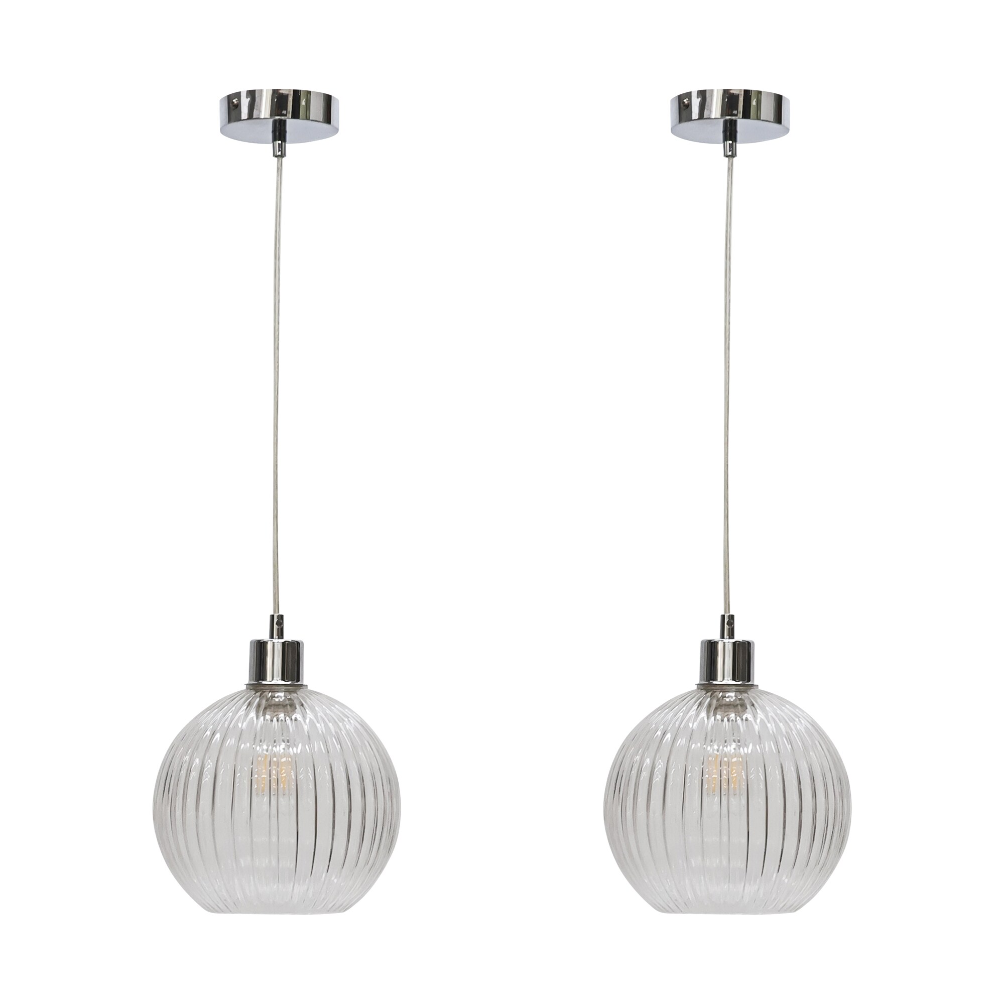 Set of 2 Betchley - Clear Ribbed Glass Globe with Chrome Pendants Clear Clear ribbed glass with polished chrome plate detail Small 2
