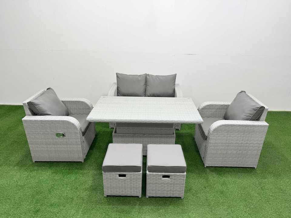 image 1 of Fimous Light Grey PE Wicker Rattan Garden Furniture Set Sofa Set Reclining Chair Adjustable Lifting Dining or Coffee Table 6 Seater 2 Small Stools