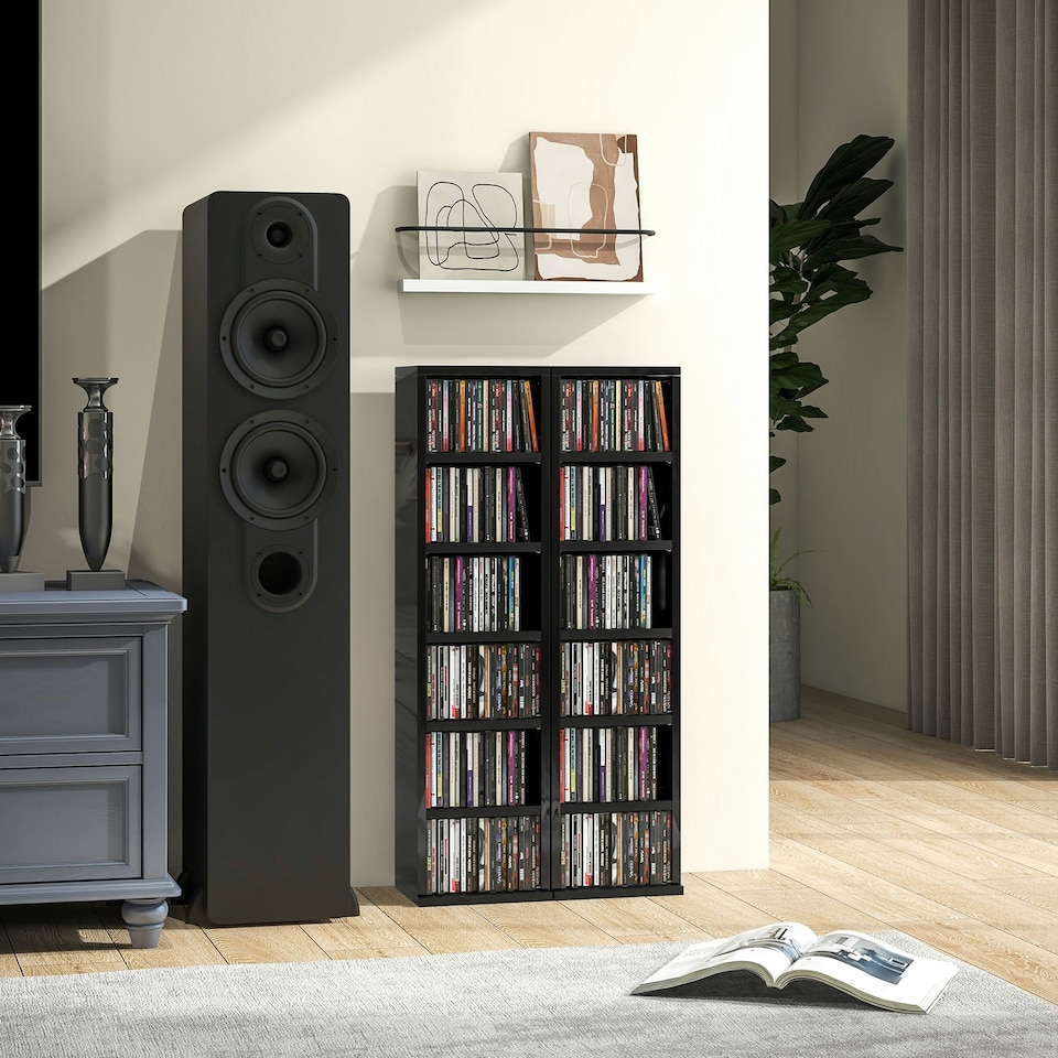 image 1 of HOMCOM Set of 2 CD Storage Units with Adjustable Shelves High Gloss Black