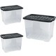 image 2 of 2 x 80 Litres Clear Transparent Base Curve Storage Containers With Black Lids For Home & Office Clear