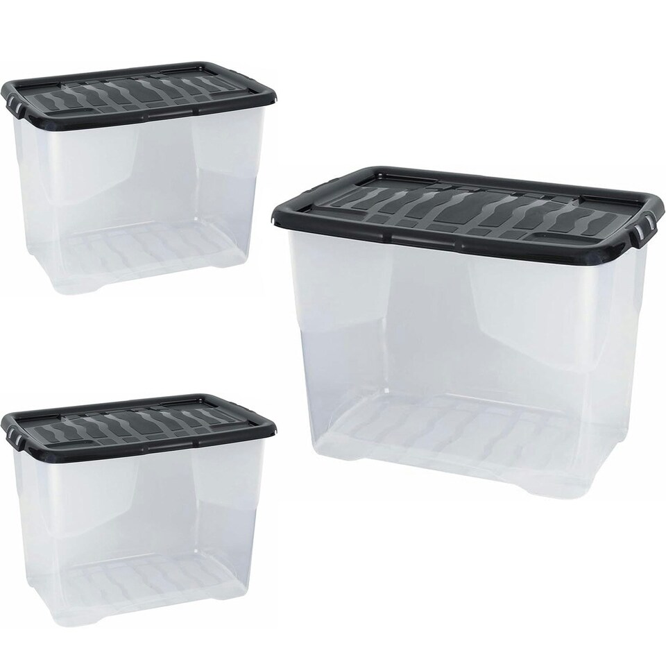 image 1 of 2 x 80 Litres Clear Transparent Base Curve Storage Containers With Black Lids For Home & Office Clear
