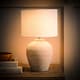 image 3 of ValueLights Reid Linen Drum Lamp Shade Stone Grey Ribbed Ceramic Small Table Lamp | Grey