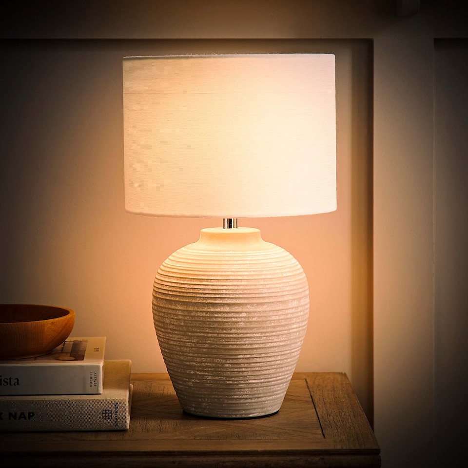 image 1 of ValueLights Reid Linen Drum Lamp Shade Stone Grey Ribbed Ceramic Small Table Lamp | Grey