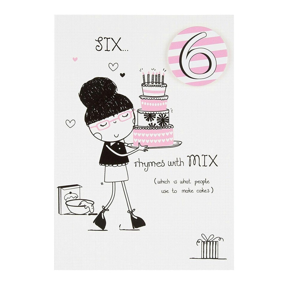 image 1 of Age 6 Girl Birthday Badge Card 'Rhymes With Mix'