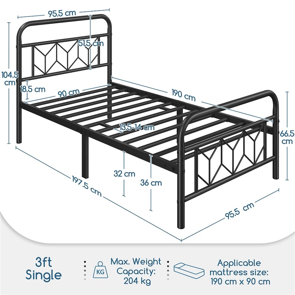 image 1 of Yaheetech 3ft Single Vintage Metal Bed Frame with Diamond Pattern Headboard Black