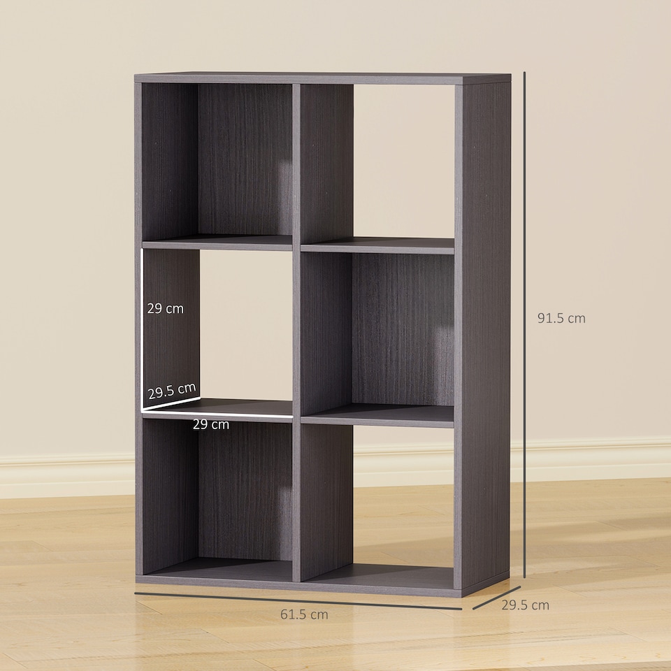 image 1 of HOMCOM 6-Cube Bookshelf, Modern Freestanding 3-Tier Bookcase, Display Shelving Unit for Living Room, Bedroom, Home Office, Study, Grey