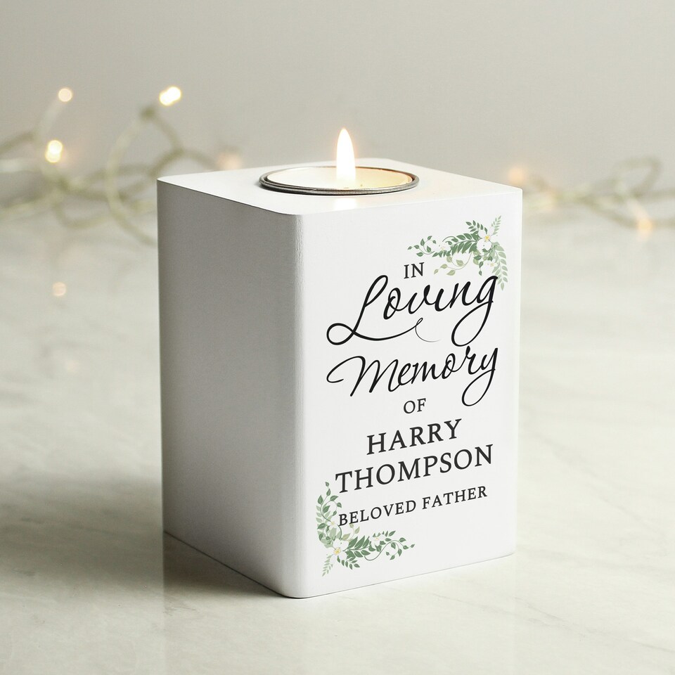image 1 of Personalised In Loving Memory White Wooden Tea light Holder White