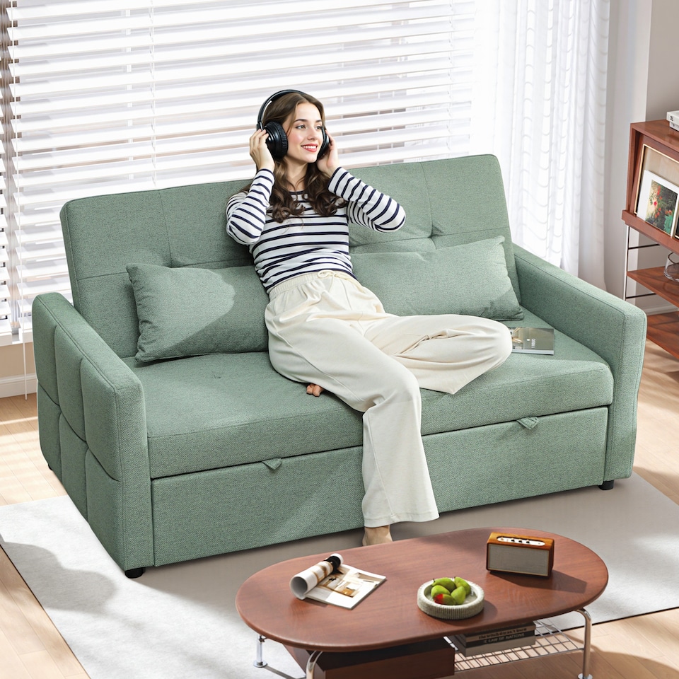 image 1 of HOMCOM 2 Seater Sofa Bed, Convertible Pull Out Bed Settee, Light Green