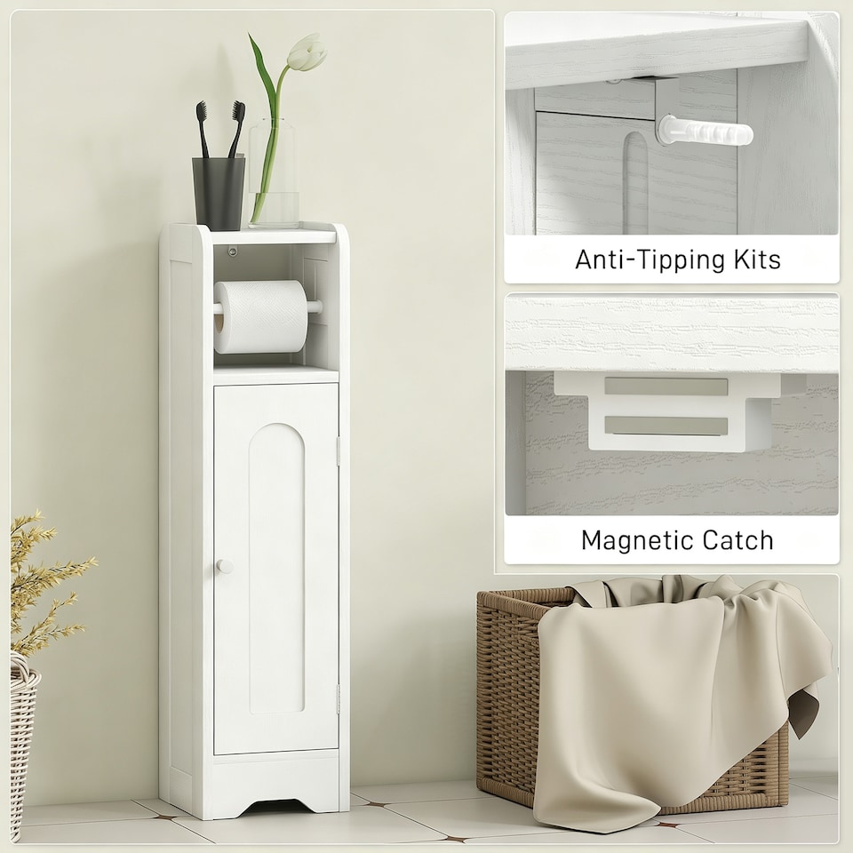 image 1 of HOMCOM Toilet Roll Holder Slim Bathroom Cabinet with Adjustable Shelf White