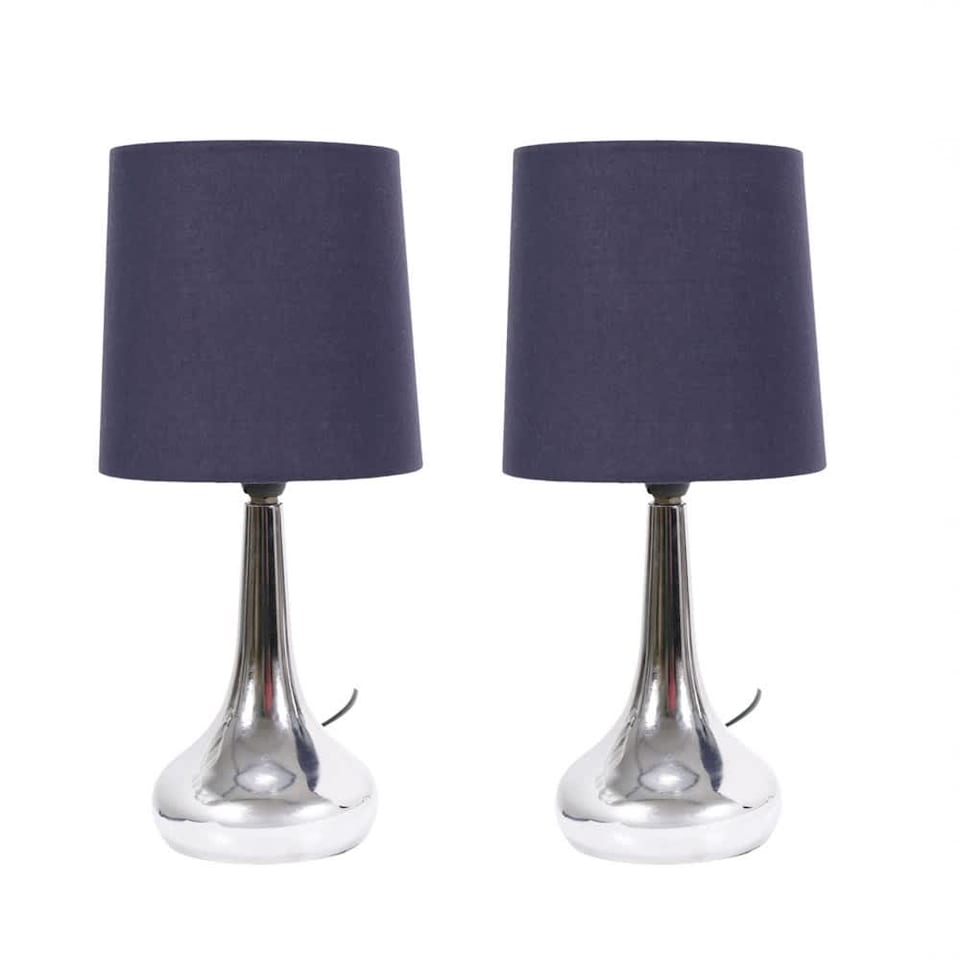 image 1 of ValueLights Teardrop Pair Chrome Touch Table Lamp Navy Shade & Bulb | Blue