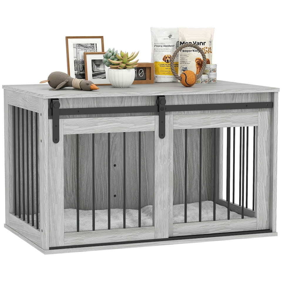image 1 of PawHut Dog Crate Furniture with Removable Cushion for Large Dogs - Grey