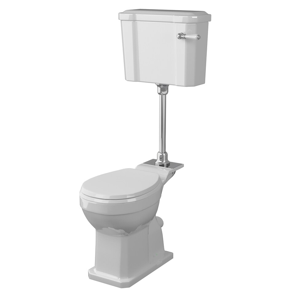 image 1 of Kinston Traditional Mid Level Toilet Pan, Cistern, Ceramic Handle & Soft Close Seat - White - Balterley
